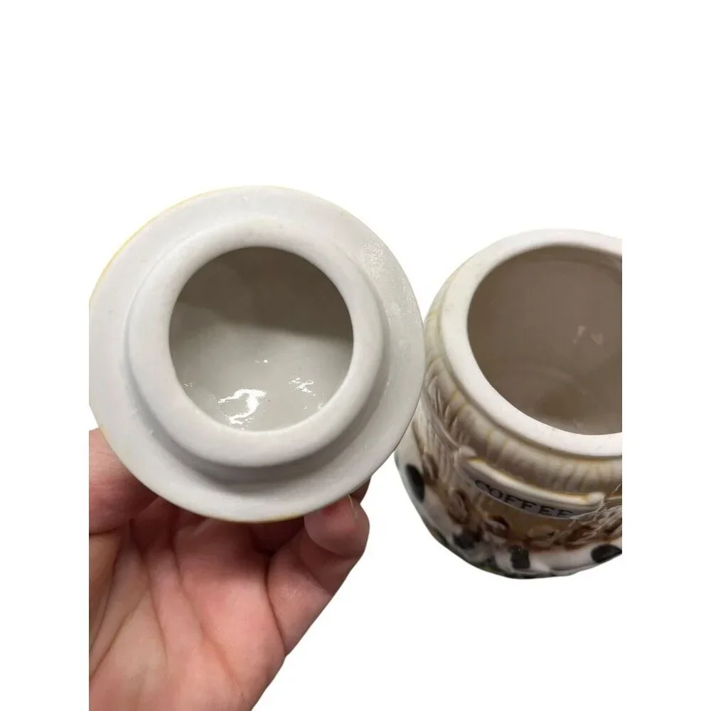 Set of 3 Vintage Ceramic Cow Jars with Wooden Holder Coffee Tea Sugar Bar